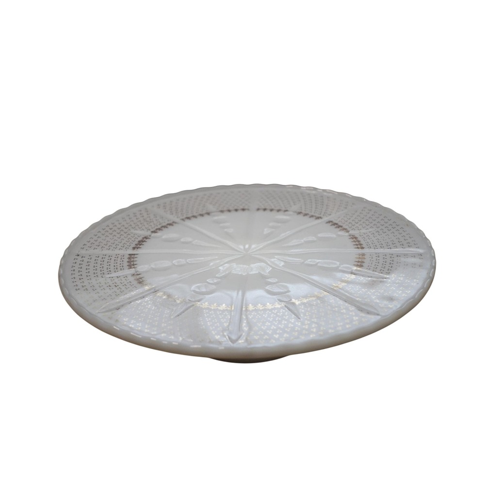 Vintage Milk Glass Cake Stand: Starburst Pattern,‎ Gold Accent (10 inch)